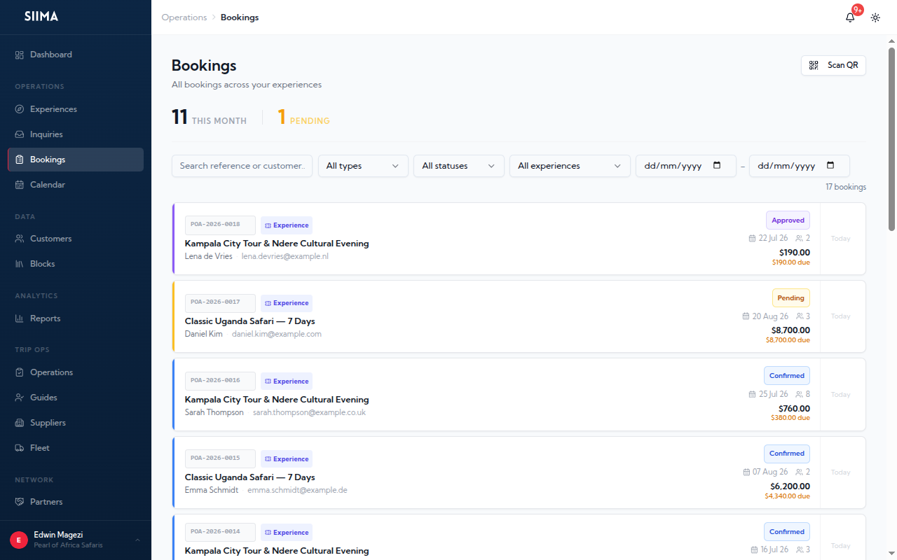 The bookings list in Siima with status and amount due per booking