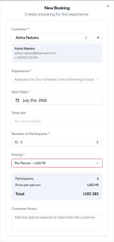 A booking being created in Siima from a tour inquiry — guest name, tour, dates, and price filled in