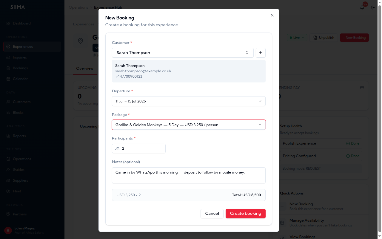 Creating a booking in Siima: guest details, tour, date, party size and price captured in one form