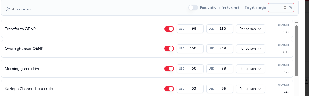 The costing view with its "Pass platform fee to client" toggle