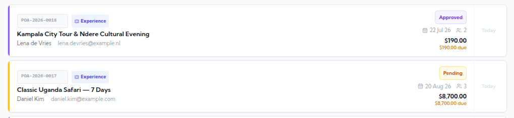 Pending bookings showing exactly how much is still due on each