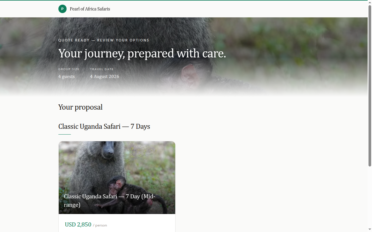 An itinerary proposal in Siima, shared with a guest as a link