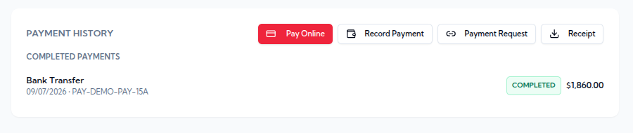 A booking's payment history with Record Payment and Receipt actions