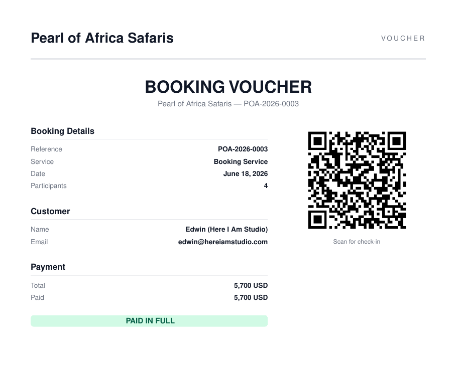 A Siima PDF voucher with QR code, next to the phone scan screen used at check-in